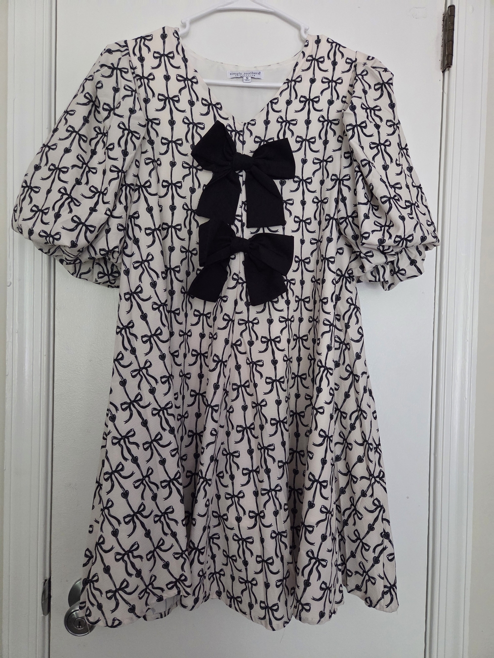 Simply Southern Bow Print Mini Dress Puff Sleeve Bows Size S - Picture 2 of 7